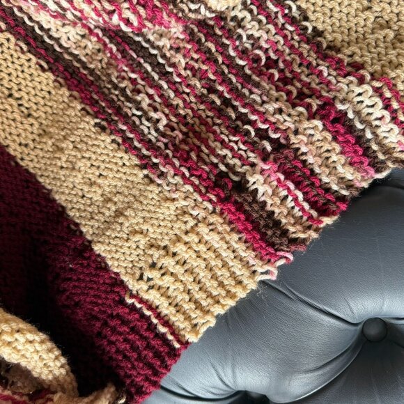 Handmade Knit Afghan Throw Blanket 48 x 45 Burgundy Tan Brown Striped - Picture 6 of 9